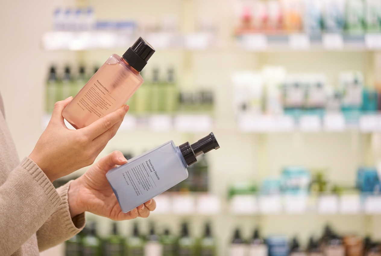 A woman thoughtfully comparing two skincare products in a bright boutique skincare aisle