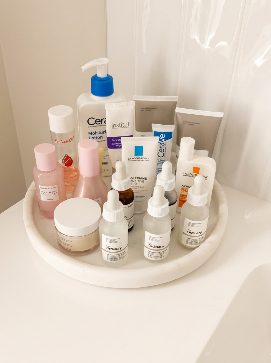 Skincare products arranged on a white marble tray on a bright bathroom counter