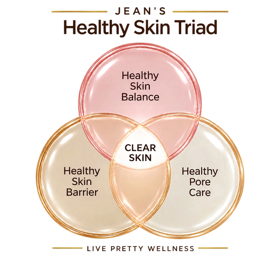 Jean's Healthy Skin Triad from Live Pretty Wellness showing Healthy Skin Balance, Healthy Skin Barrier, and Healthy Pore Care intersecting at Clear Skin.