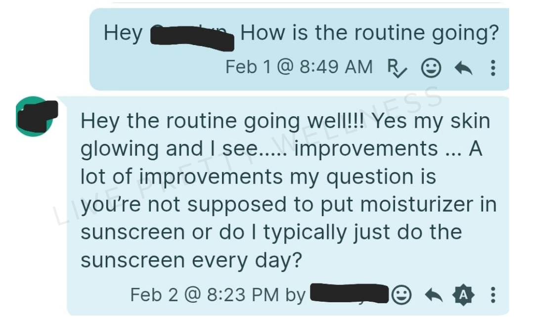 Client text message — skin is glowing with so many improvements