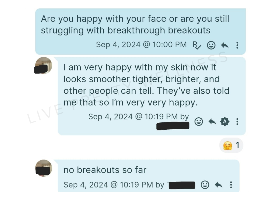 Client text message — skin looks smoother, tighter, and brighter