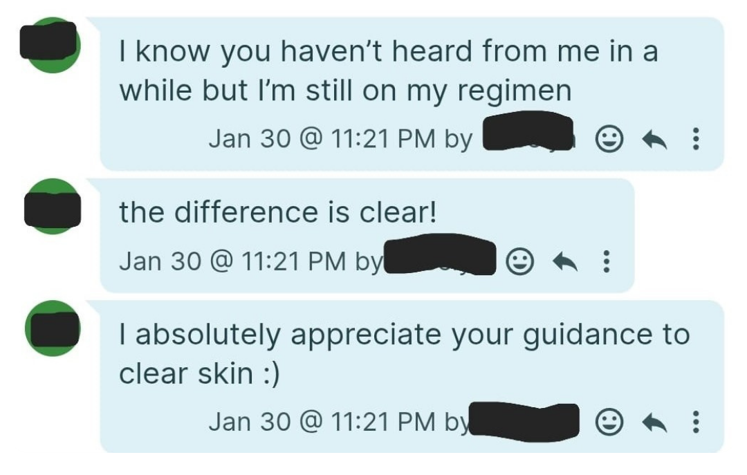 Client text message — clear-skin guidance and steady progress