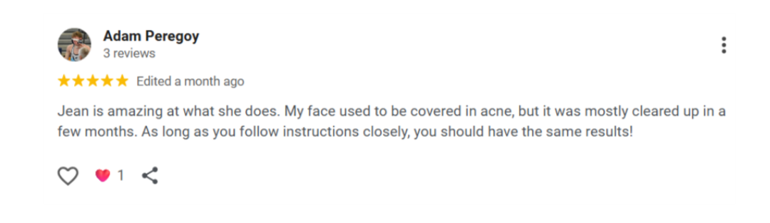 Google review from Adam Peregoy — acne mostly cleared in a few months