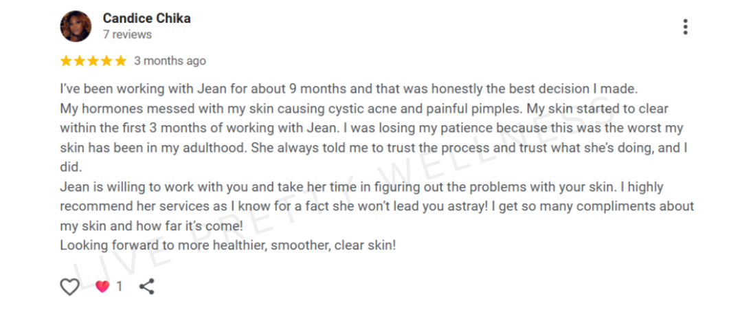 Google review for Live Pretty Wellness from Candice Chika