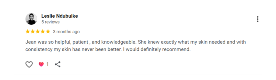 Google review from Leslie Ndubuike — helpful, patient, and knowledgeable care