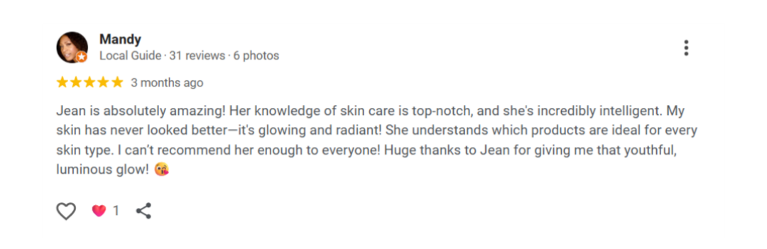 Google review from Mandy — glowing, radiant skin and top-notch knowledge