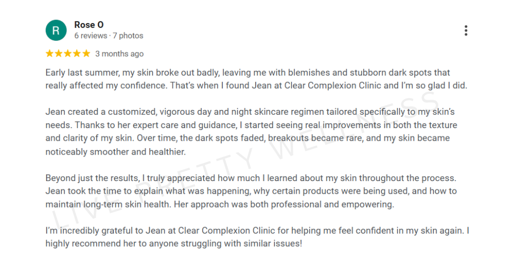 Google review from Rose O — clear skin, hair growth, and kind care