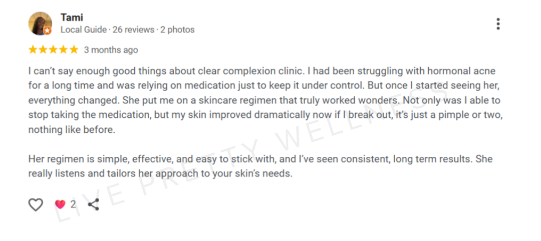 Google review from Tami — hormonal acne controlled without medication