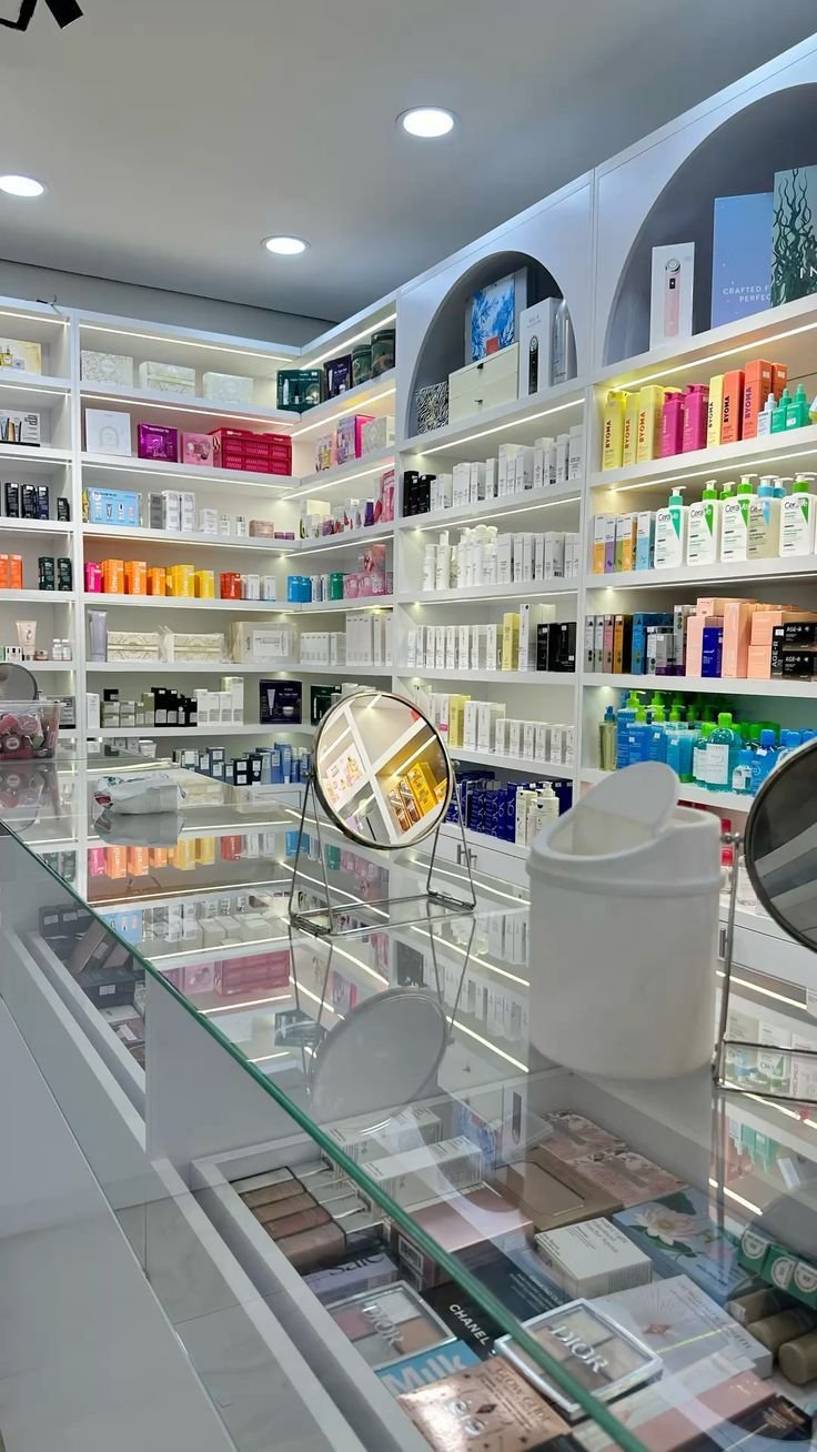 Modern beauty store aisle with curated skincare shelves